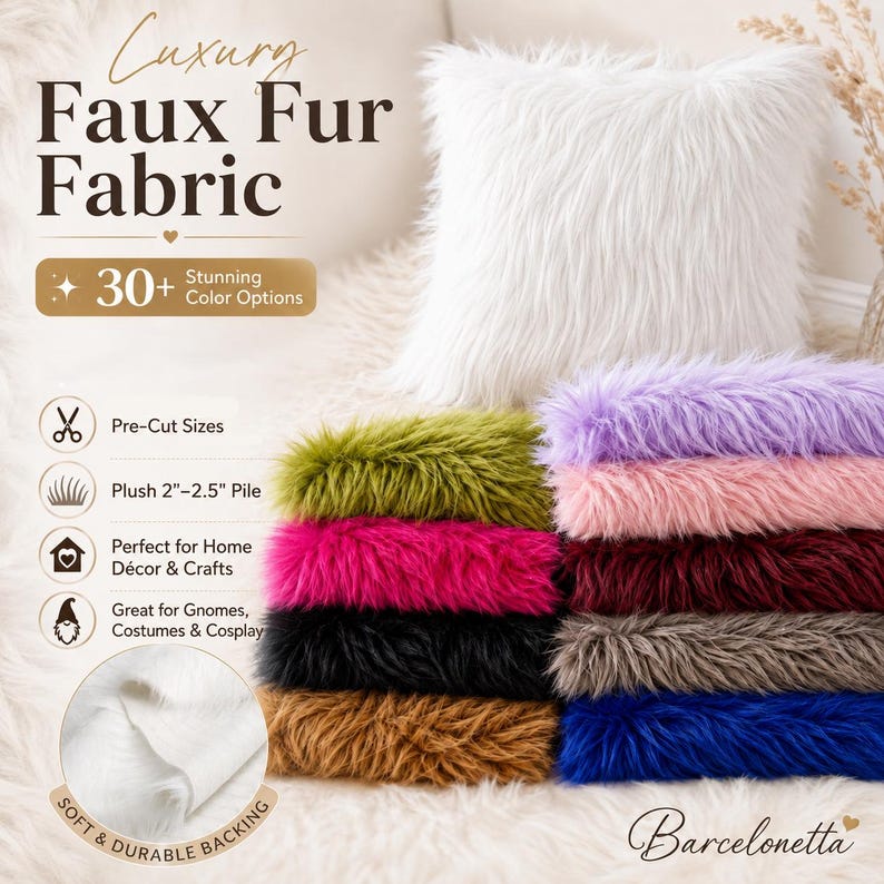 May include: A white faux fur pillow sits above a stack of folded faux fur fabric swatches in olive green, lavender, pink, burgundy, black, brown, and blue. Text reads Luxury Faux Fur Fabric, 30+ Stunning Color Options, and Soft & Durable Backing.