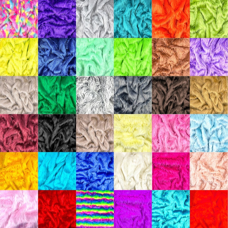 May include: A grid of thirty-six squares displaying various colors of faux fur fabric. The collection includes solid shades of red, blue, green, yellow, pink, purple, orange, brown, gray, black, and white, alongside two squares featuring multi-colored patterns.