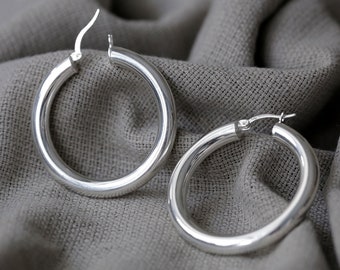 Silver Hoop Earrings, Thick Hoop Earring, 925 Sterling Silver, Medium Hoop Earring, Mothers day gift