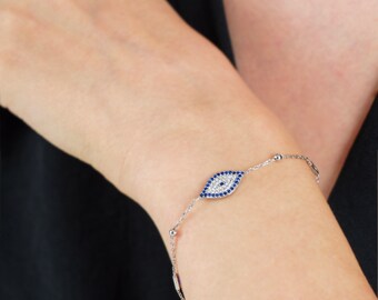 Pure Silver 925 Tiny Turkish Evil Eye Bracelet, Handmade 925 Sterling Silver, Dainty Bracelet, Valentine's Day