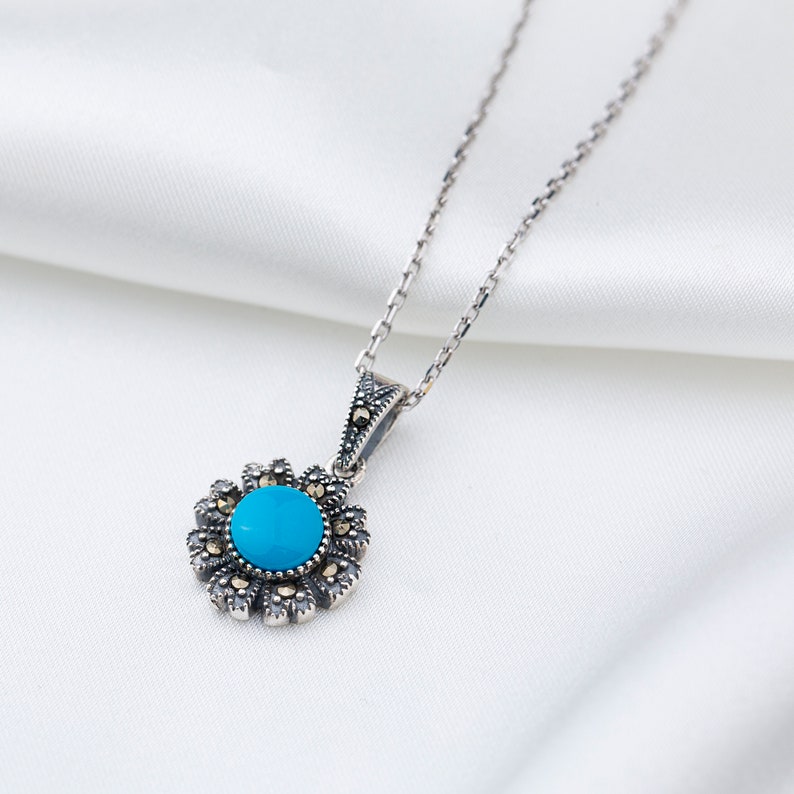 Turquoise and marcasite stone, Sterling silver 925 Pendant, Gift for her, image 4