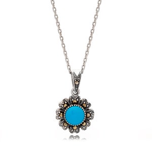 Turquoise and marcasite stone, Sterling silver 925 Pendant, Gift for her, image 3