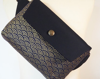 Elegant "banana" bag, or crossover, in Japanese fabric with "Seigaiha" wave patterns