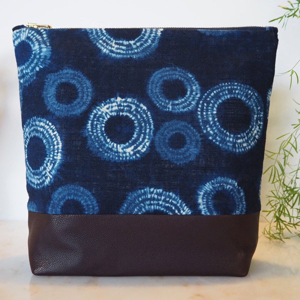 Pouch, toiletry bag or bag in Japanese tie & dye or shibori fabric, and brown leather