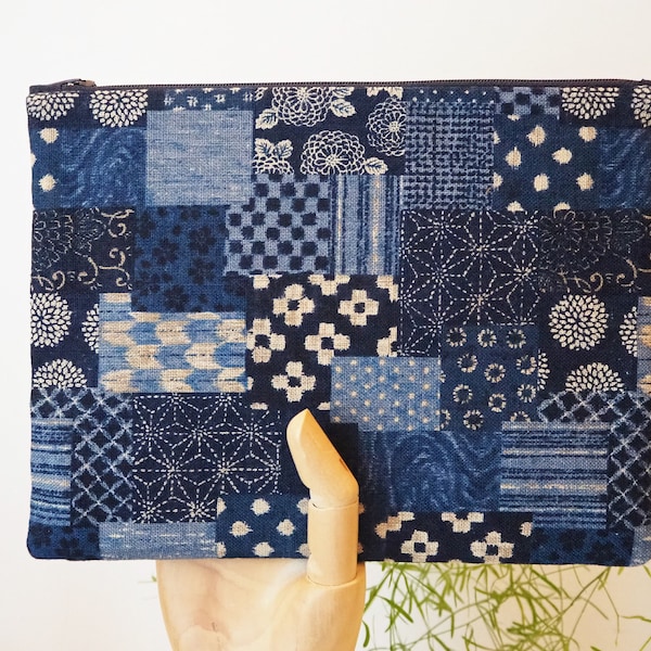 Pochette, trousse ou sac en tissu Japonais indigo, patchwork de motifs traditionnels