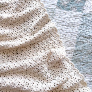 以下が含まれることがあります： クリーム色の手作りのかぎ針編みブランケット、スカラップエッジ付き。ブランケットは、詳細な透かし模様が特徴で、質感と風通しの良い外観を作り出しています。柔らかくニュートラルな色と複雑なデザインは、居心地の良い装飾的なホームテキスタイルを示唆しています。