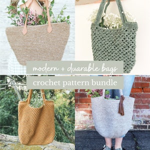 Op de afbeelding: Vier gebreide boodschappentassen in verschillende kleuren en stijlen. De tassen zijn gemaakt met een textuur-steek en hebben een moderne, duurzame uitstraling. De tekst "modern + durable bags crochet pattern bundle" wordt weergegeven op de afbeelding.