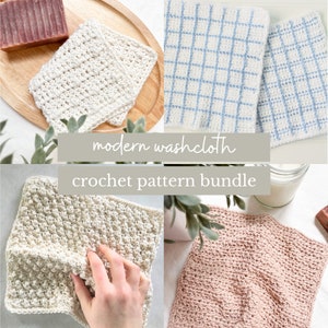 May include: A collection of four crocheted washcloths in different patterns and colours. The washcloths are made with a textured stitch and are perfect for everyday use. The washcloths are displayed on a wooden surface and a white surface. The text "modern washcloth crochet pattern bundle" is displayed on a grey background.
