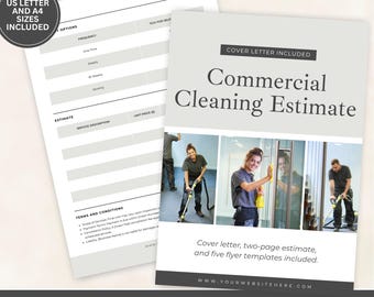 Puede incluir: Una plantilla de presupuesto de limpieza comercial con una carta de presentación, un presupuesto de dos páginas y cinco plantillas de folletos. El diseño incluye un fondo gris claro con el texto "Commercial Cleaning Estimate". Se incluyen tamaños US Letter y A4.
