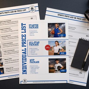 Three white printed templates overlapping on a dark slate surface. Left template shows a sports photo add-on price list with small athlete photos and pricing items. Center template shows an individual price list with three package tiers featuring female athletes in sports uniforms. Right background shows a duplicate add-on price list partially visible. A camera lens, lens cap, black notepad, pen, photo prints, and sports trading cards are arranged as props around the documents.