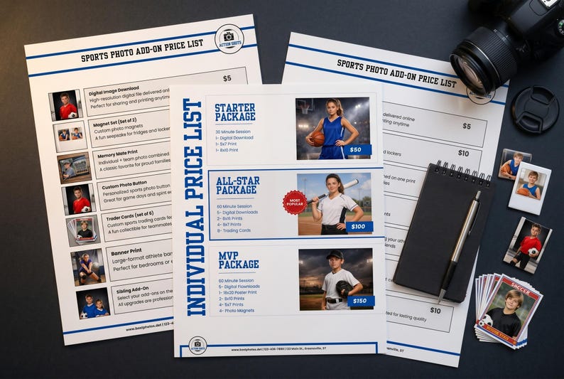 Three white printed templates overlapping on a dark slate surface. Left template shows a sports photo add-on price list with small athlete photos and pricing items. Center template shows an individual price list with three package tiers featuring female athletes in sports uniforms. Right background shows a duplicate add-on price list partially visible. A camera lens, lens cap, black notepad, pen, photo prints, and sports trading cards are arranged as props around the documents.