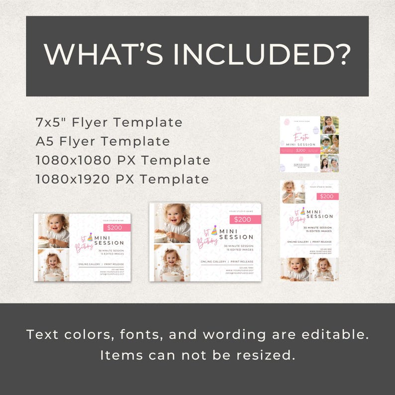 May include: A promotional image with the text "WHAT'S INCLUDED?" lists flyer and template sizes. The image includes examples of the templates with a child's photo, the text "MINI SESSION" and the price $200. Text colors, fonts, and wording are editable.