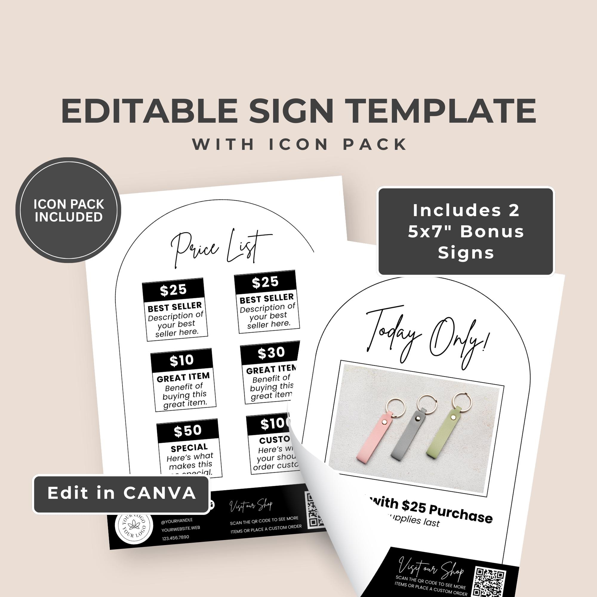 Printable Vendor Booth Sign Templates, Craft Fair Price List (editable ...