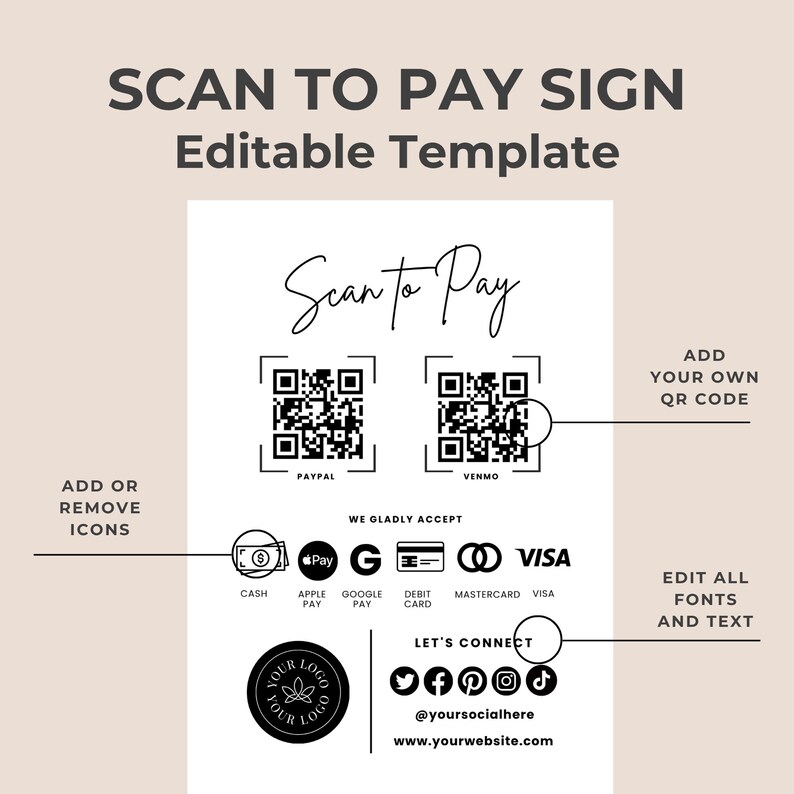 Editable Scan to Pay Sign, QR Code Template (canva) - Etsy