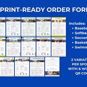 Bright blue background with bold white text reading 14 Print-Ready Order Forms. Fourteen white printed order form templates are arranged in three rows. The top row shows five sports photography order forms in different color variations including blue, green, and navy headers with athlete action photos across the top and player information fields below. The middle row shows six more forms for softball, soccer, and basketball with sport-specific color accents and athlete photos.