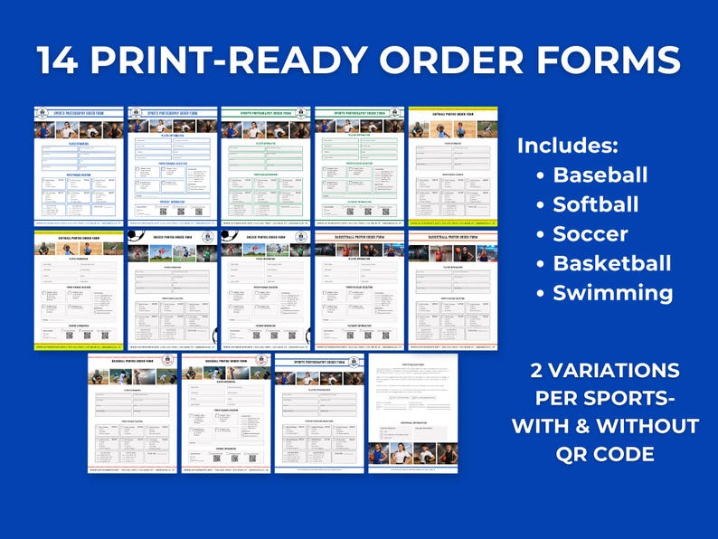 Bright blue background with bold white text reading 14 Print-Ready Order Forms. Fourteen white printed order form templates are arranged in three rows. The top row shows five sports photography order forms in different color variations including blue, green, and navy headers with athlete action photos across the top and player information fields below. The middle row shows six more forms for softball, soccer, and basketball with sport-specific color accents and athlete photos.