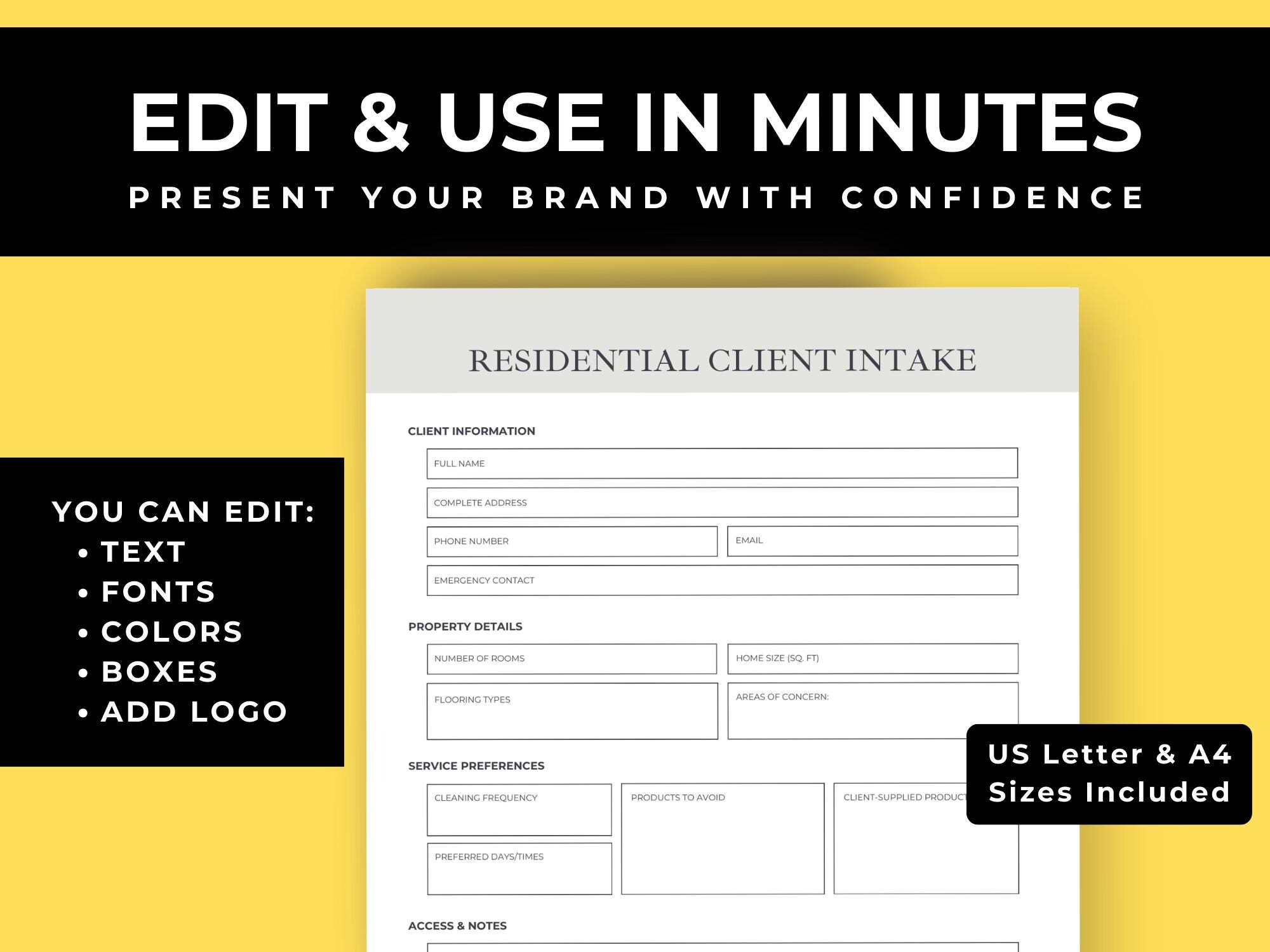 Client Intake Form Cleaning Company, Editable Template, Cleaning ...