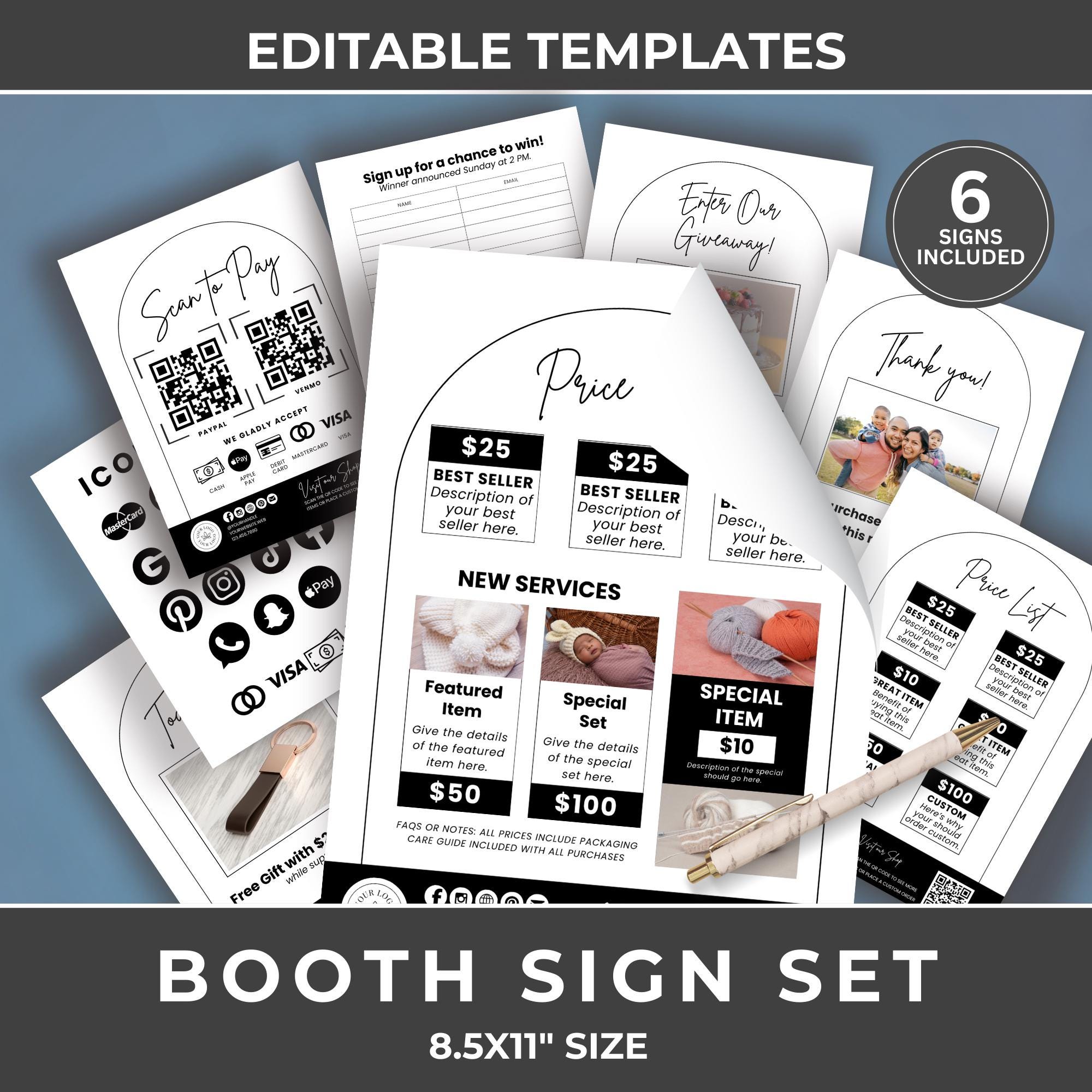 Printable Vendor Booth Sign Templates, Craft Fair Price List (Editable Canva)