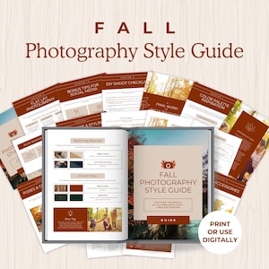 May include: A Fall Photography Style Guide digital document featuring multiple pages with brown and white color schemes. The pages contain text, photography tips, color palettes, and checklists, with a central open book displaying the title.