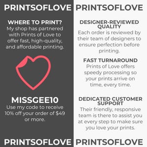 Recommendation of Prints of Love for professional printing. Use code MISSGEE10 to receive 10% off your order of $49 or more.