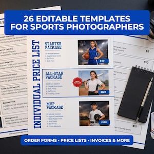 May include: A promotional image for sports photographers, featuring a price list with package options and sample photos. The image includes a camera, notepad, and printed photos, with text that reads "26 Editable Templates for Sports Photographers."