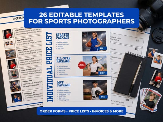 Sports Photography Pricing Bundle, Photo Order Forms, Price List Templates, Sales System for Photographers