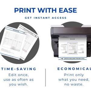 White background with bold dark blue text reading Print With Ease Get Instant Access. On the left, two printed documents inside a dark gray circle show a price quotation form and a sports photography receipt with visible table rows and totals. On the right, a large format commercial printer is shown printing a sports photo package price list.