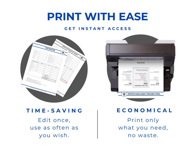White background with bold dark blue text reading Print With Ease Get Instant Access. On the left, two printed documents inside a dark gray circle show a price quotation form and a sports photography receipt with visible table rows and totals. On the right, a large format commercial printer is shown printing a sports photo package price list.