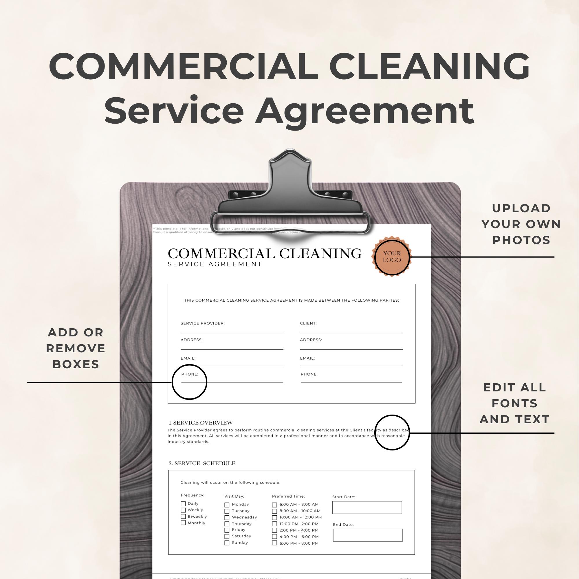 Commercial Cleaning Service Agreement Template, Editable Contract Forms ...