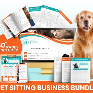 May include: A pet sitting business bundle featuring a computer monitor, a smartphone, a clipboard, and multiple printed documents. The materials include a pet feeding checklist, a pricelist, and a receipt. A golden retriever sits to the right.