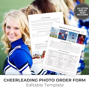 May include: A printable cheerleading photo order form and photo release form template. The documents feature sections for cheerleader information, photo package selections, and payment methods, with US Letter and A4 sizes included in the set.