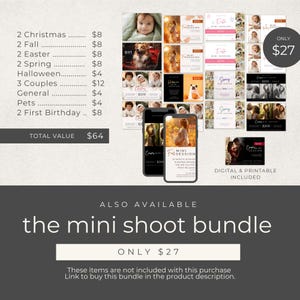 May include: A promotional image for a photography mini shoot bundle. The image includes sample photos, two smartphones displaying session details, and text that reads "the mini shoot bundle" and "digital & printable included."