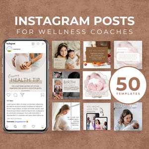 Könnte beinhalten: Ein Mockup eines Instagram-Post-Vorlagensatzes für Wellness-Coaches. Das Bild zeigt ein Telefon mit einem Beitrag zum Thema Schwangerschaftsgesundheit und andere Vorlagen mit Fotos von Babys und Text. Der Text lautet "50 Vorlagen".