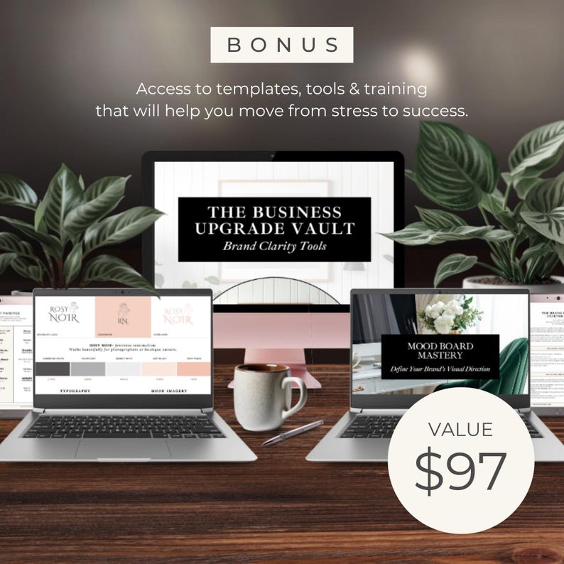 May include: A promotional image featuring multiple laptops and a desktop computer displaying business and branding tools. The text includes "BONUS" and "THE BUSINESS UPGRADE VAULT." A coffee mug and pen are on the wooden desk. A white circle displays "VALUE $97."
