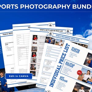 Multiple white printed sports photography templates fanned out against a bright blue sky background with clouds, including a visible sports photography order form, individual price list with athlete photos, and add-on price list. Bold white text at top reads Sports Photography Bundle with an Edit in Canva button visible on one template.