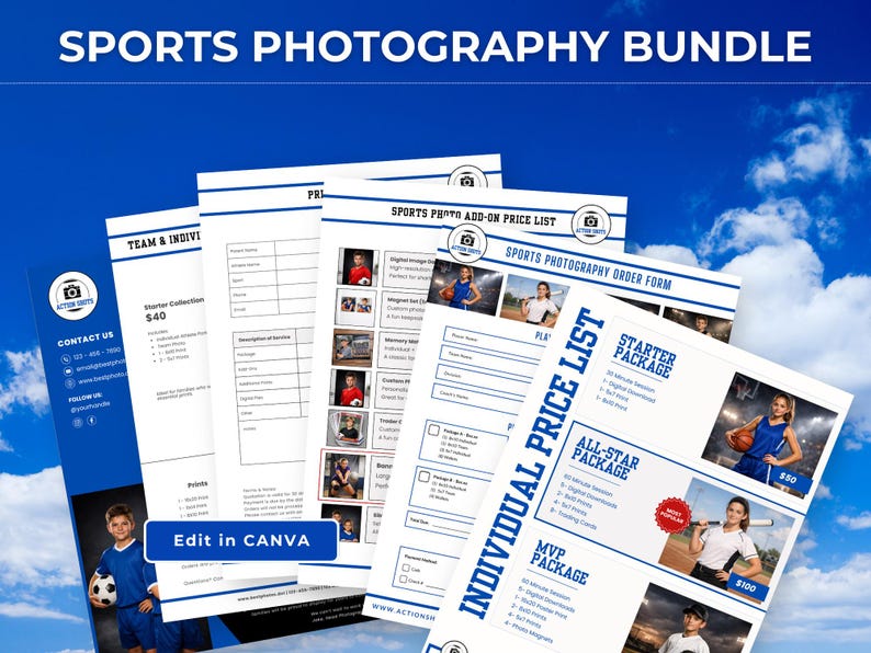 Multiple white printed sports photography templates fanned out against a bright blue sky background with clouds, including a visible sports photography order form, individual price list with athlete photos, and add-on price list. Bold white text at top reads Sports Photography Bundle with an Edit in Canva button visible on one template.