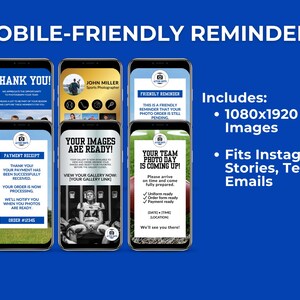 Bright blue background with bold white text reading Mobile-Friendly Reminders. Six smartphone screens are arranged in two rows of three showing different sports photography mobile templates. Top row shows a thank you message with a team photo, a photographer profile card for John Miller with sport icons, and a friendly reminder that a photo order is pending.