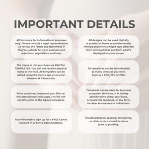 May include: Image with the title "IMPORTANT DETAILS" and several text boxes containing information about digital templates. The text explains the templates are for informational purposes, can be edited in Canva, and are for business use.