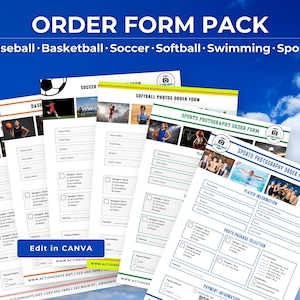 以下が含まれることがあります： 「ORDER FORM PACK」の文字と、野球、バスケットボール、サッカー、ソフトボール、水泳、スポーツなどのスポーツが記載された、スポーツ写真の注文フォームの束。 フォームは青と白のデザインで、「Edit in CANVA」のオプションが含まれています。