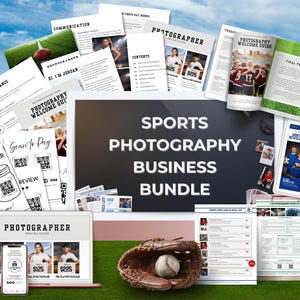 May include: A sports photography business bundle featuring a collection of printed guides, newsletters, and pricing sheets. The central display shows the text Sports Photography Business Bundle, accompanied by a baseball glove and ball.