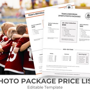 Op de afbeelding: Een wit flyertemplate voor team- en individuele sportfotopakketten met een camerapictogram en tekst die de Starter-, All-Star- en MVP-collecties met prijzen beschrijft, plus een sectie voor extra items zoals prints, canvas en magneten.
