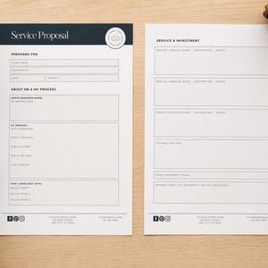May include: Two white service proposal templates with dark blue headers and text. One template is labeled "Service Proposal" and the other "Service & Investment." The templates include sections for client information, service details, and investment breakdown.