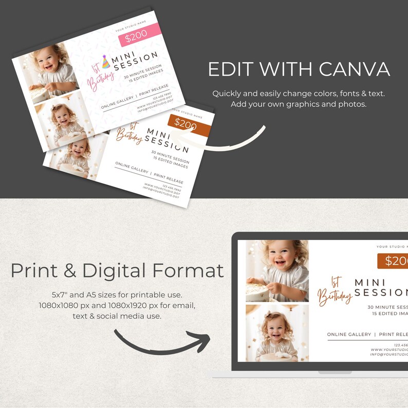 May include: A promotional graphic for a mini birthday session, featuring a smiling baby and the text "1st Birthday Mini Session." The design includes a laptop mockup and print format details, with the option to edit with Canva.