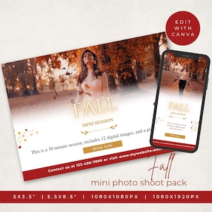 May include: A digital marketing template for a fall mini photo session featuring a photograph of a person in an autumn forest. The text includes "FALL MINI SESSION," "BOOK NOW," and contact information. The set includes sizes 5x3.5 inches and 5.5x8.5 inches.