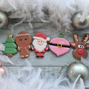 Könnte beinhalten: Eine festliche Auswahl an Weihnachtsplätzchen, darunter ein grüner Baum, ein Lebkuchenmann, der Weihnachtsmann, ein rosa Ornament und ein Rentier. Die Kekse sind mit Zuckerguss verziert und von weißen Federn und Weihnachtskugeln umgeben.