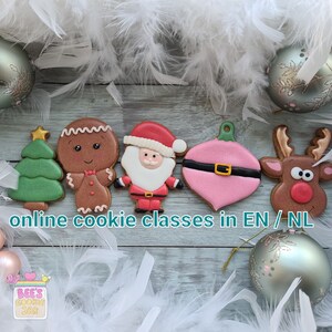 Op de afbeelding: Kerstkoekjes met een peperkoekman, kerstman, kerstboom, roze kerstbal en rendier. De koekjes zijn versierd met glazuur en omringd door witte veren en ballen.
