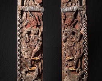 Pair antique wooden Burmese temple doors from Burma (Myanmar), 19th century