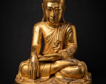 Antique Burmese wooden Mandalay Buddha statue from Burma, 19th century