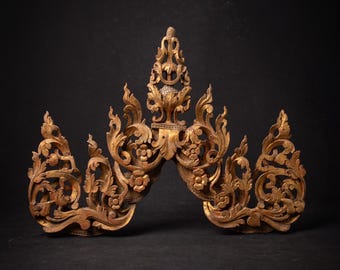Antique Burmese wooden temple panel from Burma, 19th century