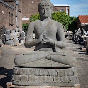 Large lavastone Buddha statue on lotus throne from Indonesia